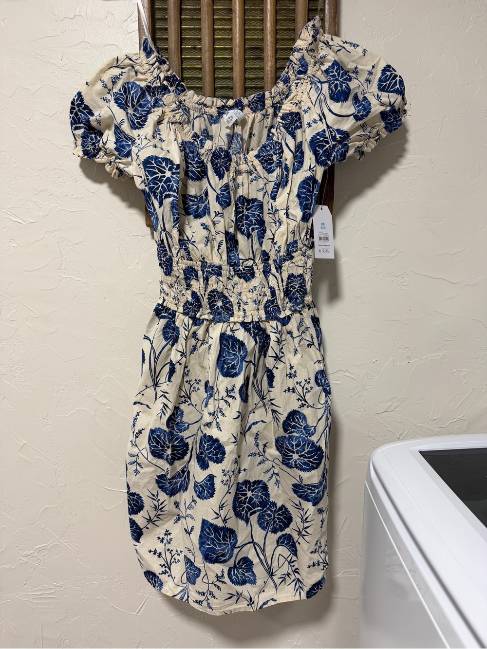 Time and Tru Navy Floral Off-Shoulder Smocked Waist Dress on Cream